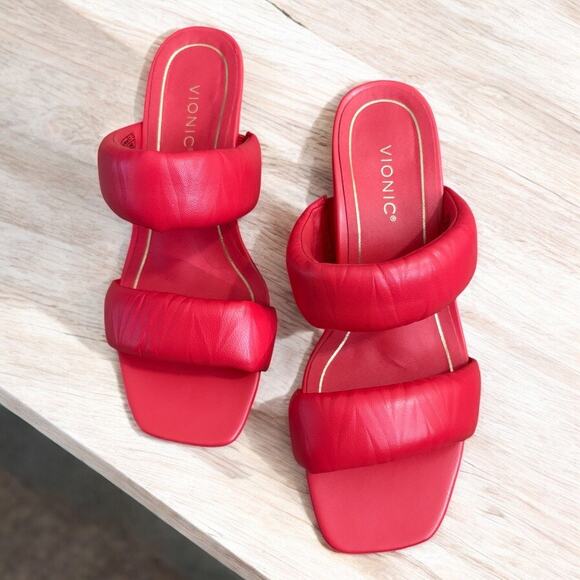 Vionic EMALINE Quilted Leather Orthotic Slides Sandals Red Poppy 6 - Picture 1 of 8